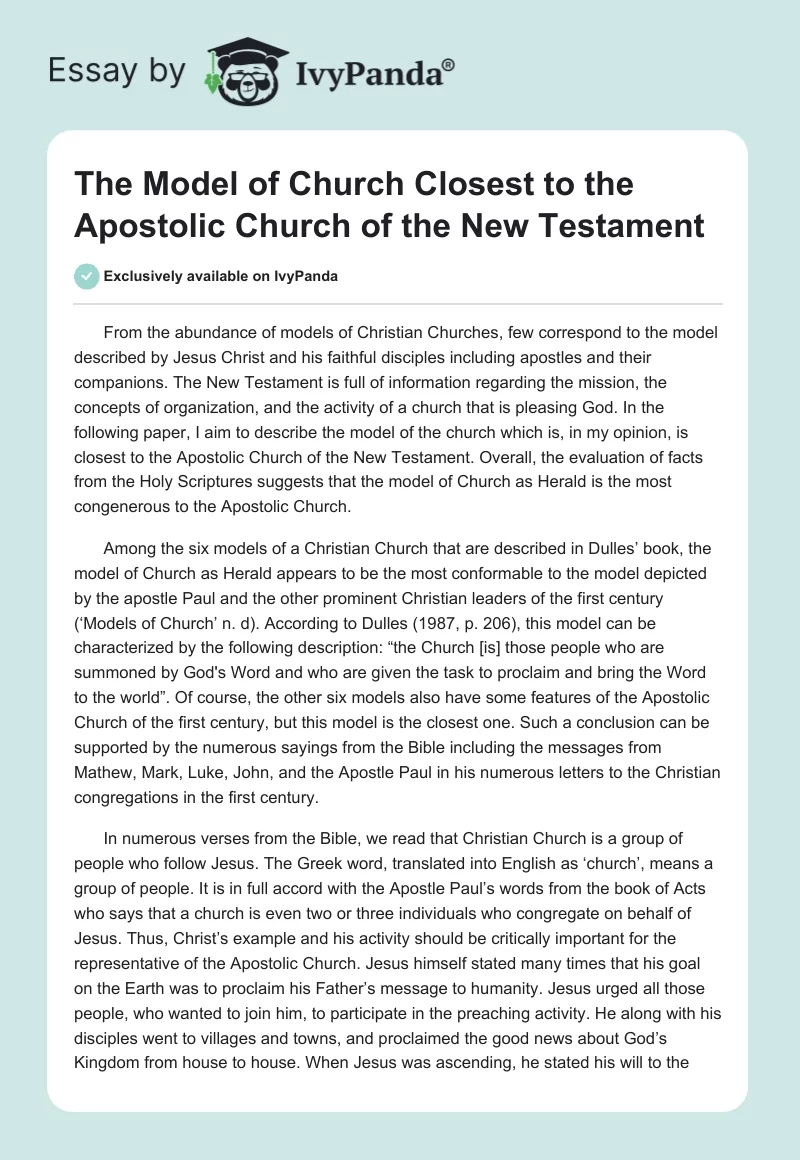 The Model of Church Closest to the Apostolic Church of the New Testament. Page 1