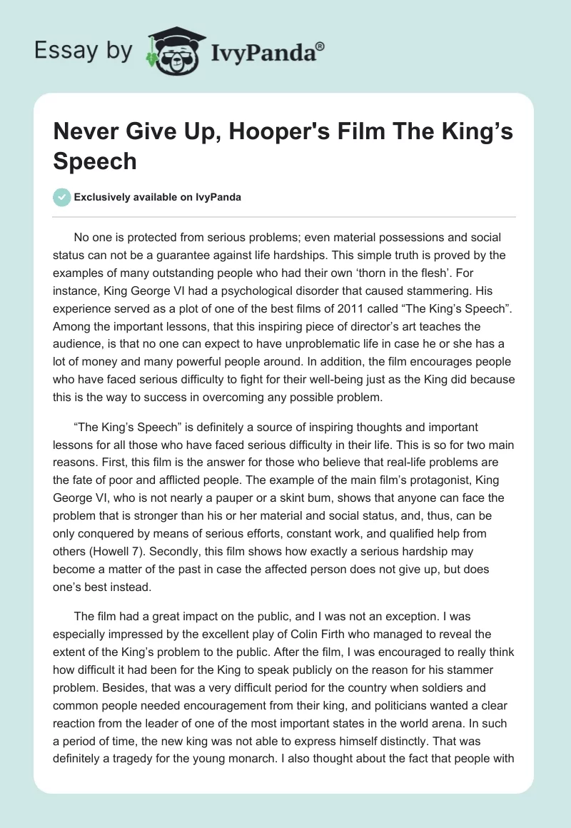 Never Give Up, Hooper's Film "The King’s Speech". Page 1