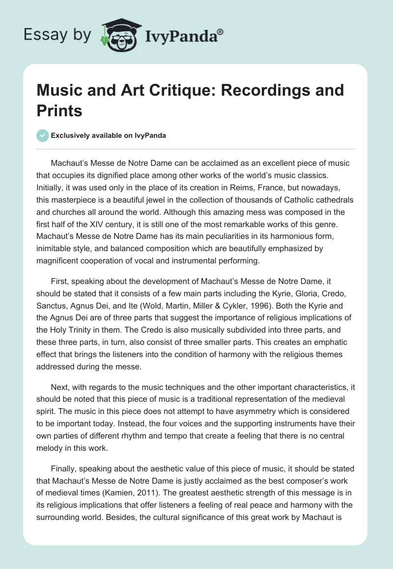 Music and Art Critique: Recordings and Prints. Page 1