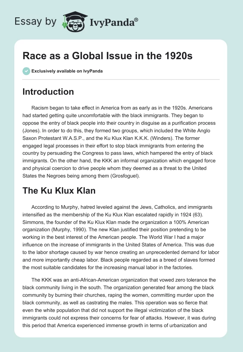 Race as a Global Issue in the 1920s. Page 1