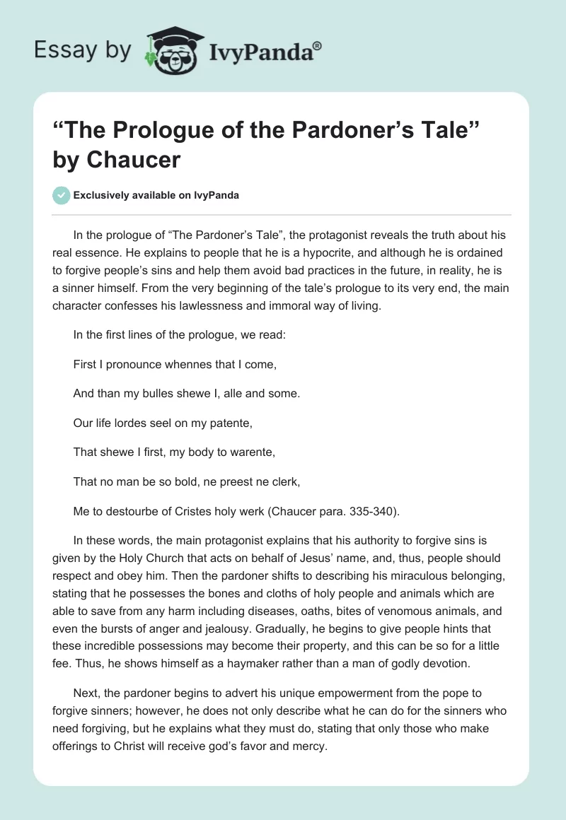 “The Prologue of the Pardoner’s Tale” by Chaucer. Page 1