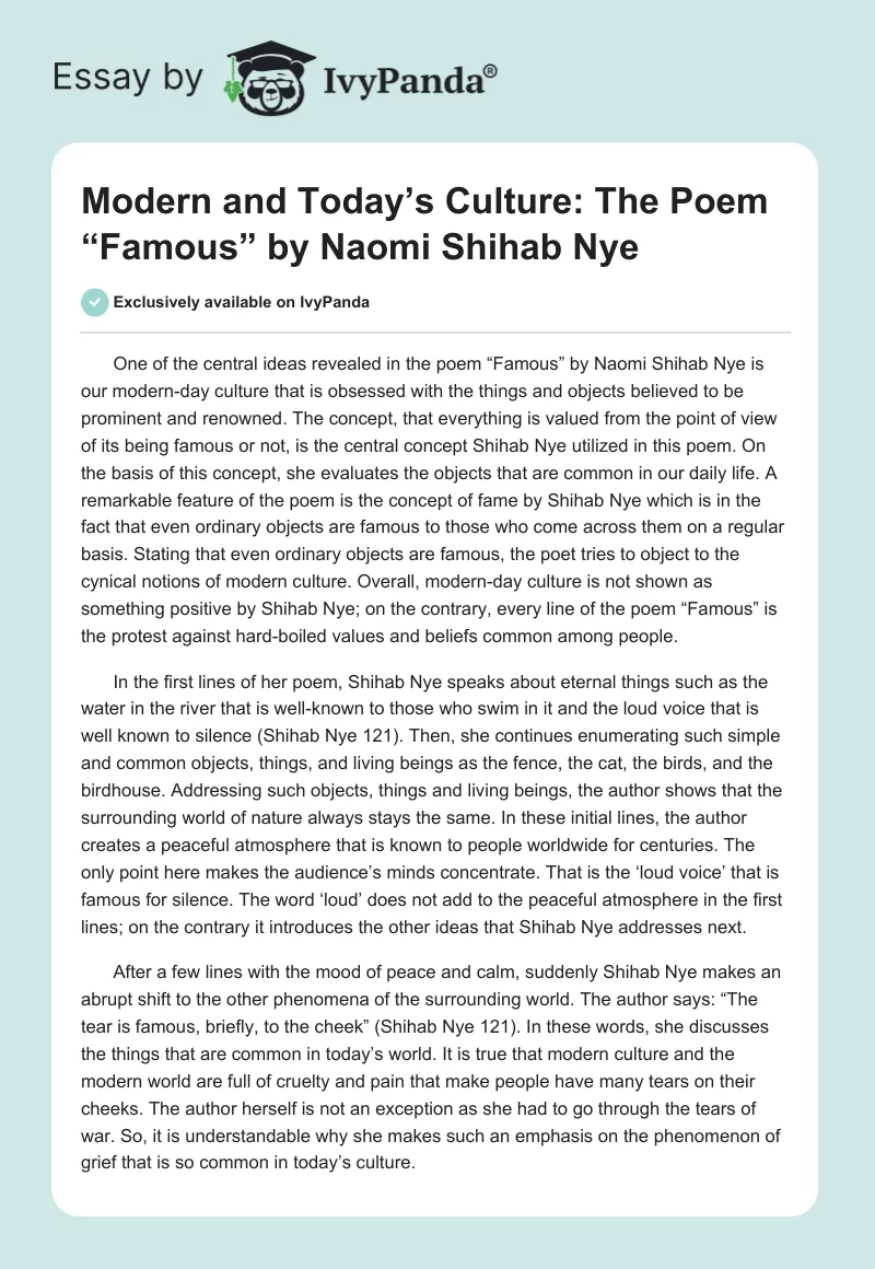 Modern and Today’s Culture: The Poem “Famous” by Naomi Shihab Nye. Page 1