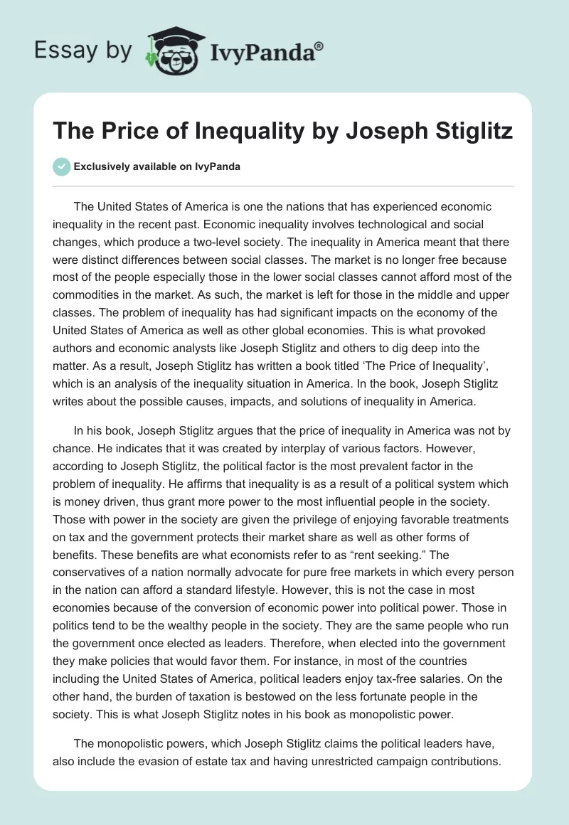 "The Price of Inequality" by Joseph Stiglitz. Page 1