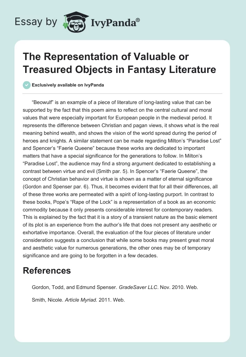 The Representation of Valuable or Treasured Objects in Fantasy Literature. Page 1
