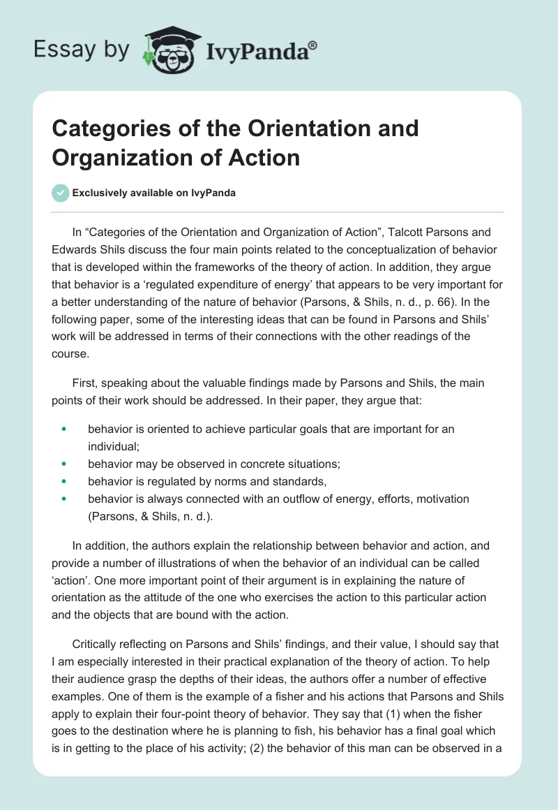 Categories of the Orientation and Organization of Action. Page 1