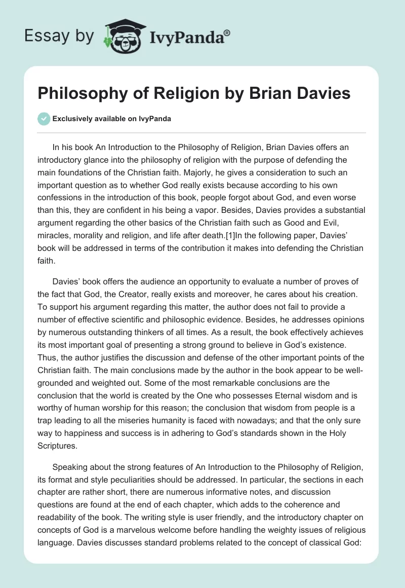 "Philosophy of Religion" by Brian Davies. Page 1