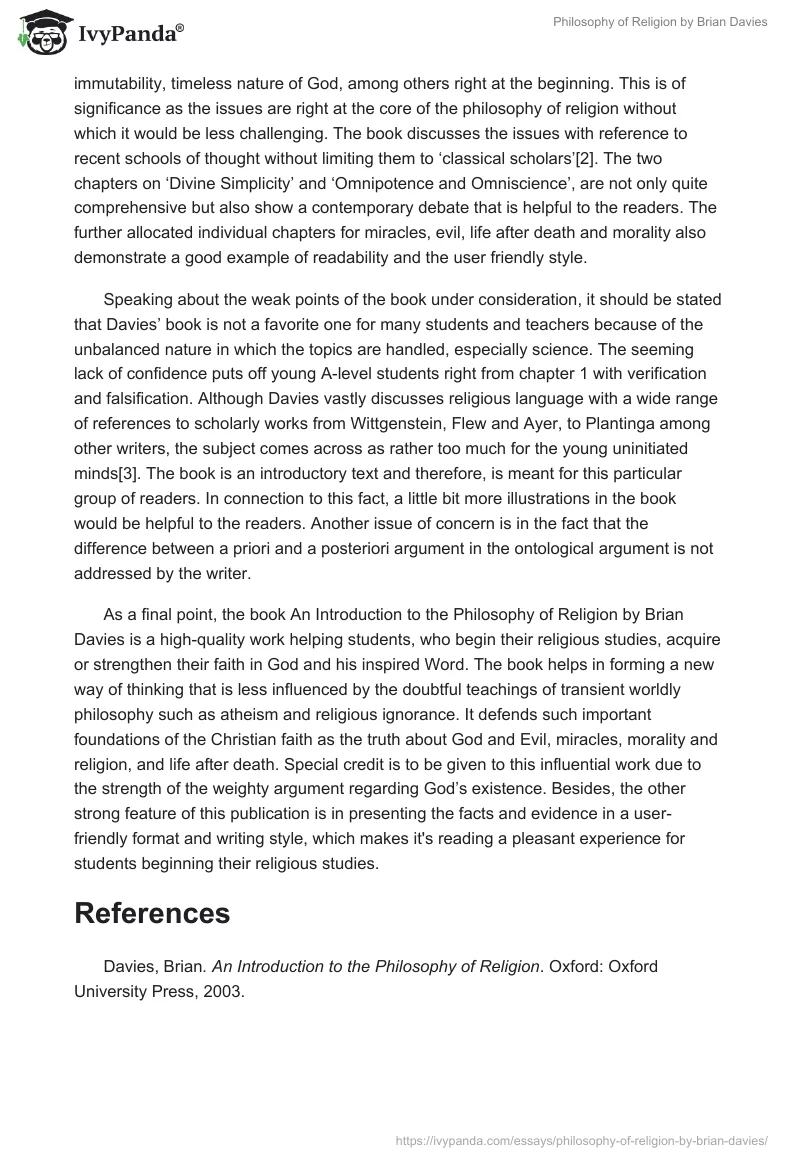 "Philosophy of Religion" by Brian Davies. Page 2