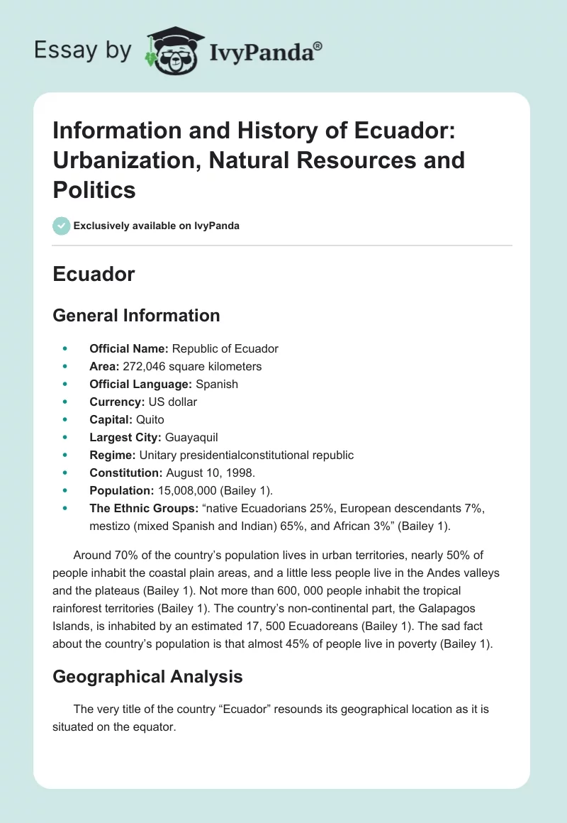 Information and History of Ecuador: Urbanization, Natural Resources and Politics. Page 1