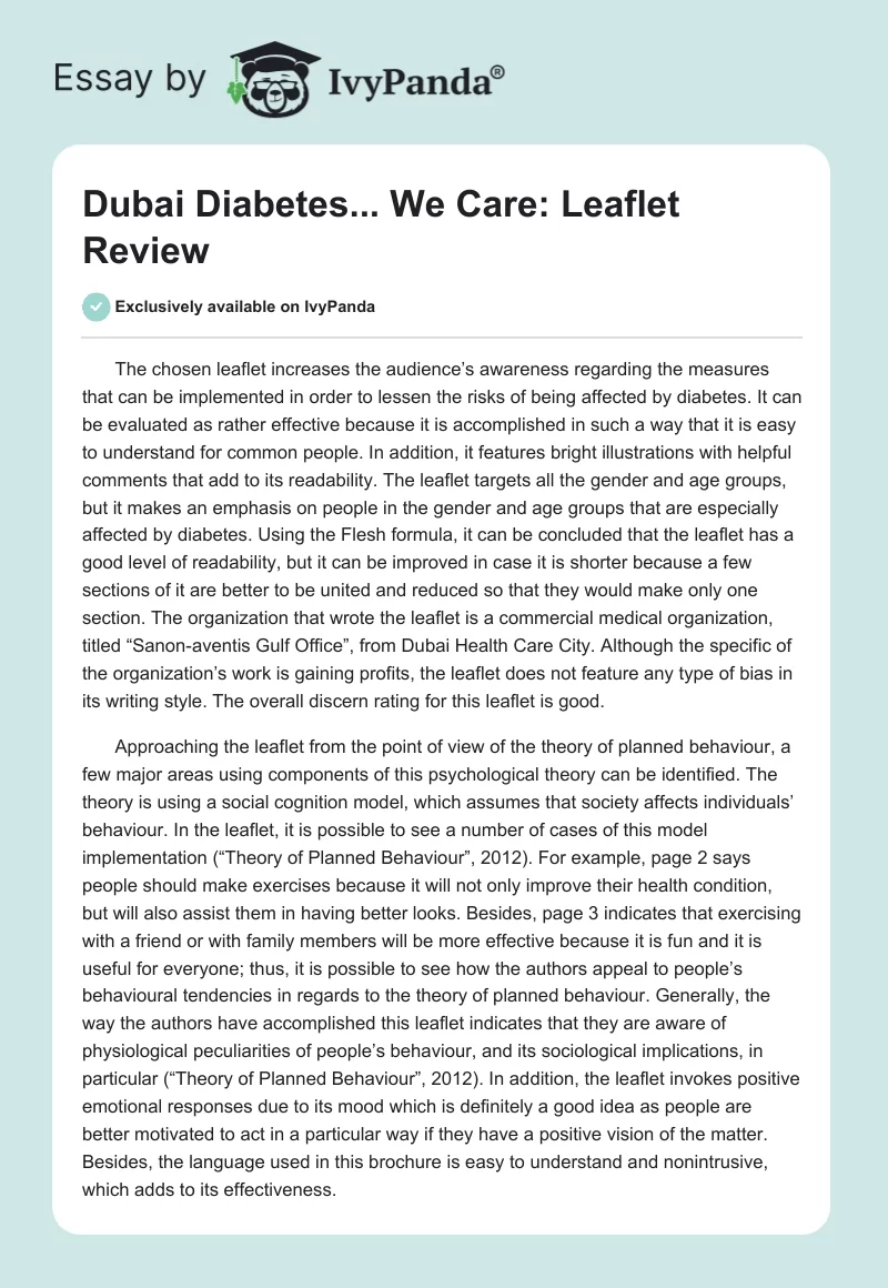 Dubai Diabetes... We Care: Leaflet Review. Page 1