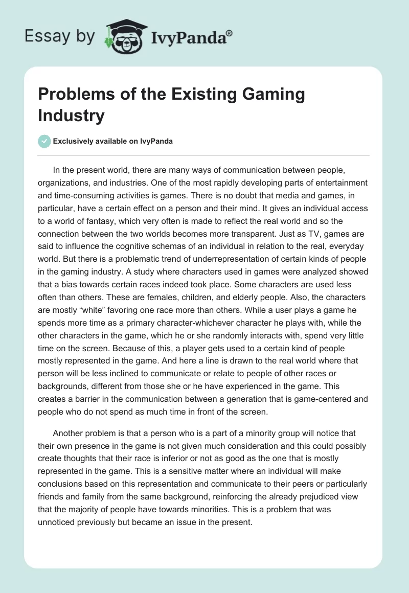 Problems of the Existing Gaming Industry. Page 1