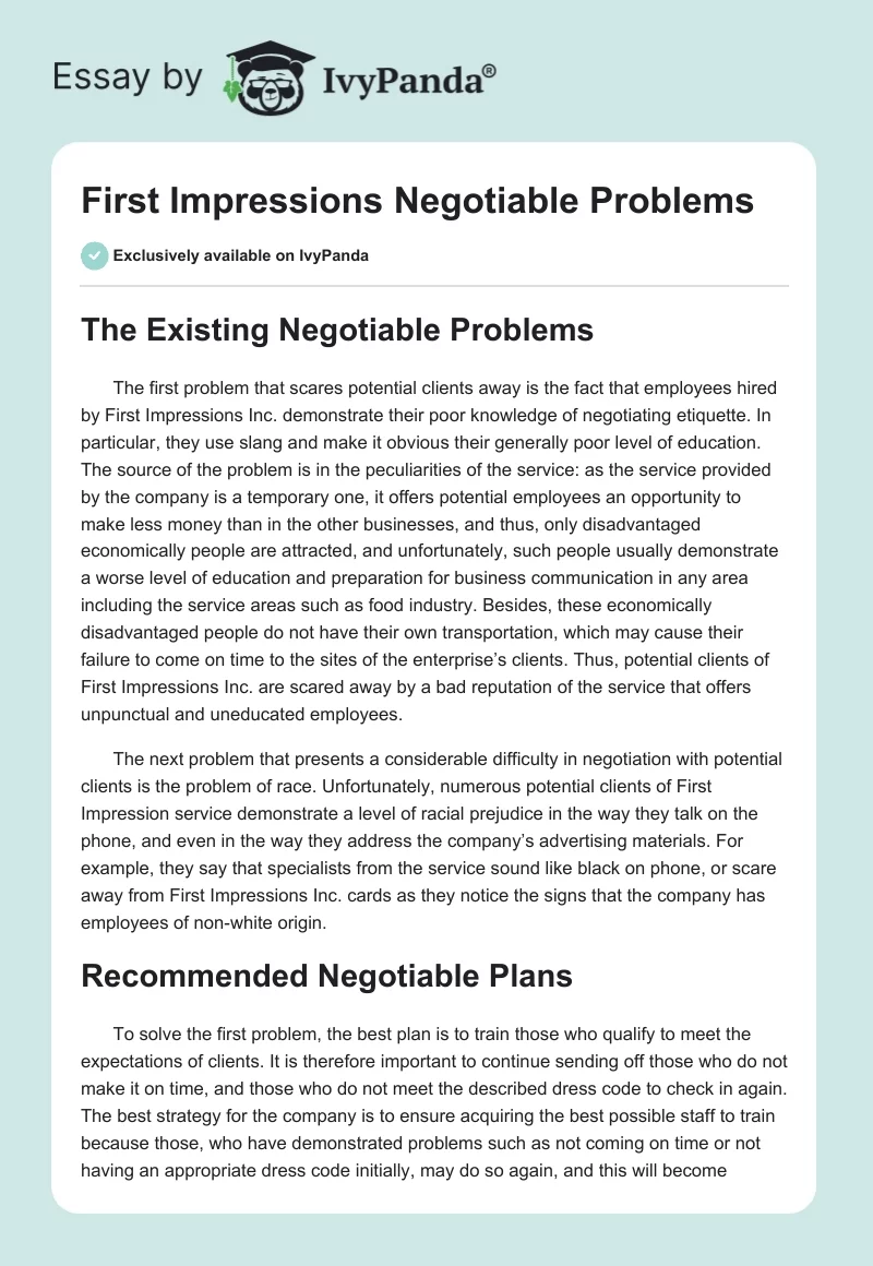 First Impressions Negotiable Problems. Page 1
