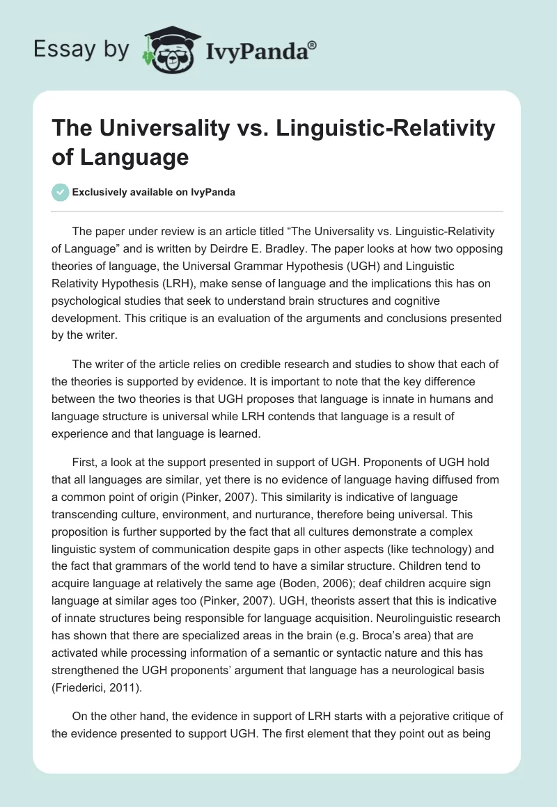 The Universality vs. Linguistic-Relativity of Language. Page 1