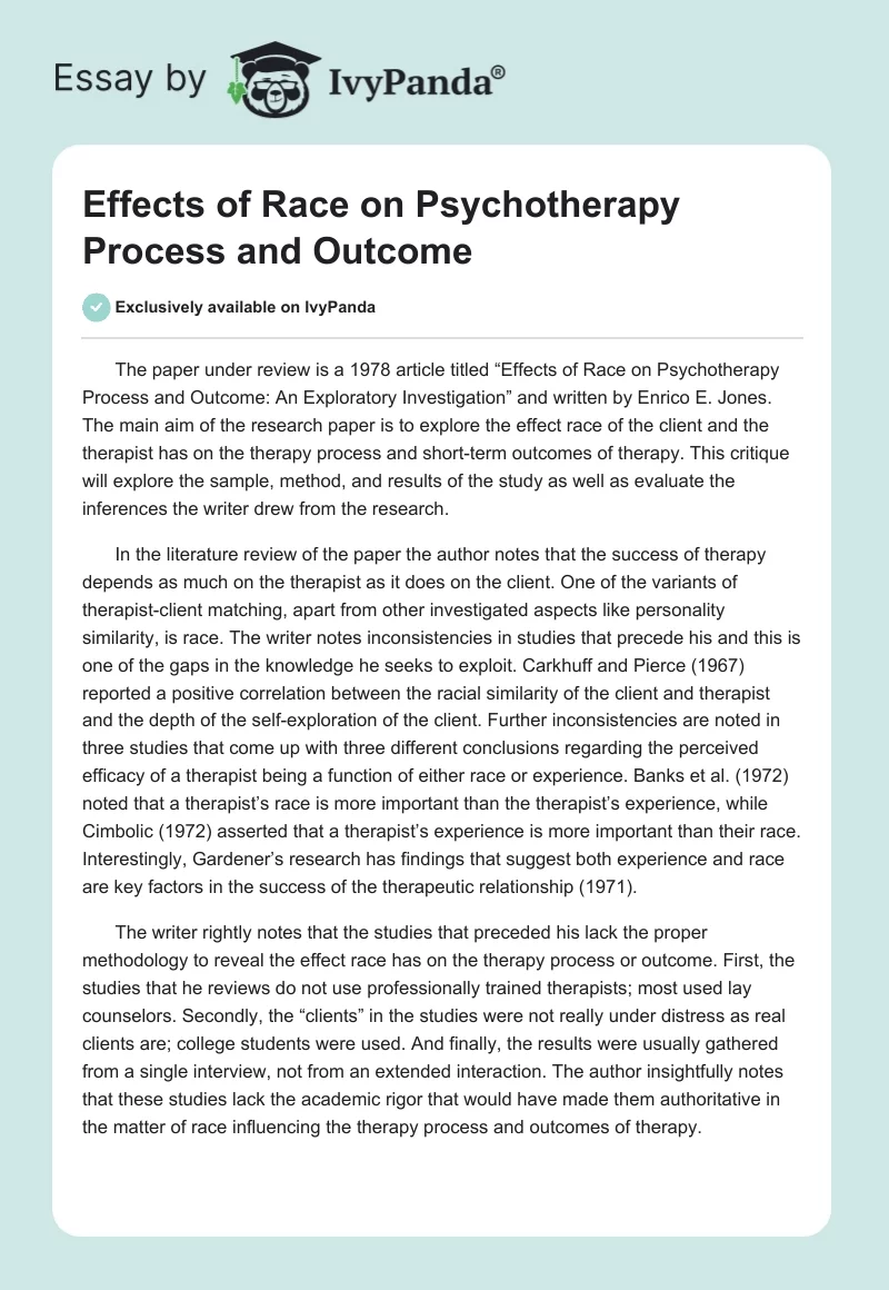 Effects of Race on Psychotherapy Process and Outcome. Page 1