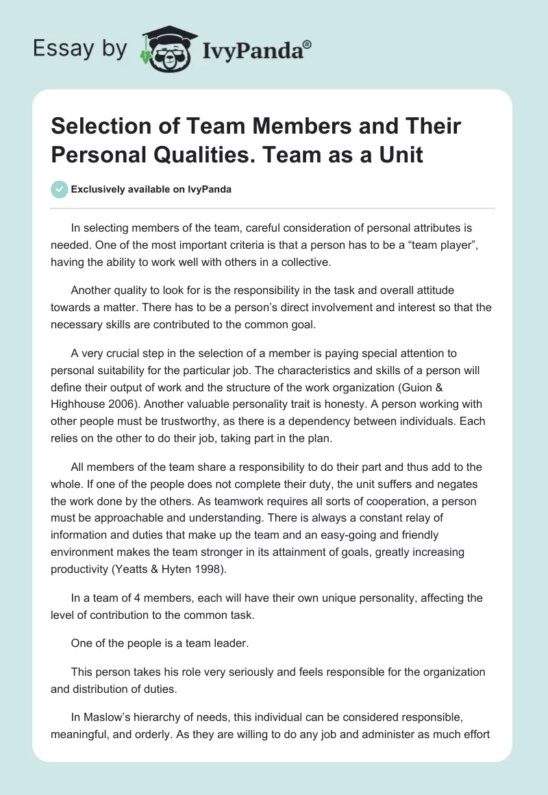 Selection of Team Members and Their Personal Qualities. Team as a Unit. Page 1