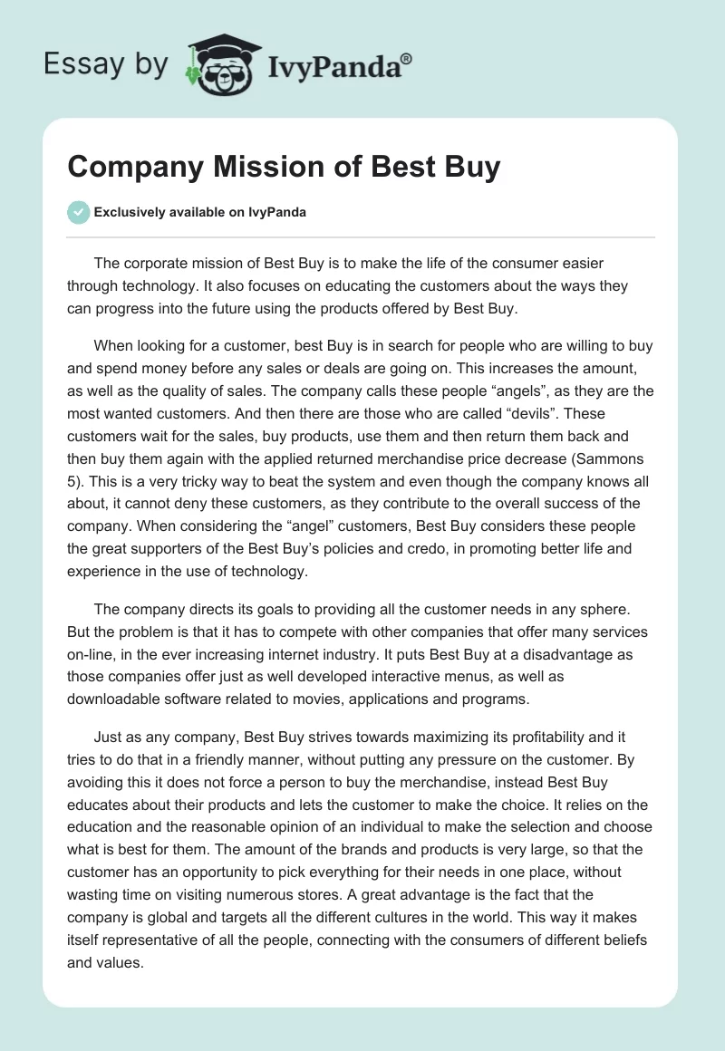 Company Mission of Best Buy. Page 1