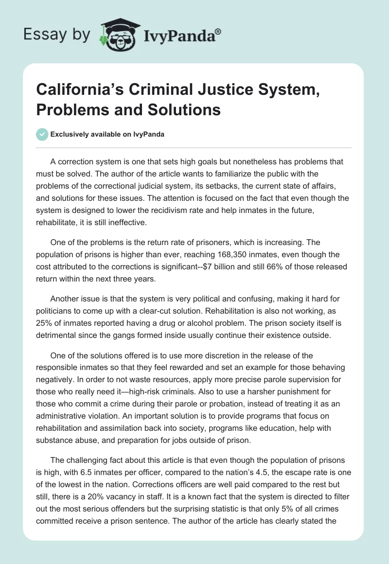 California’s Criminal Justice System, Problems and Solutions. Page 1