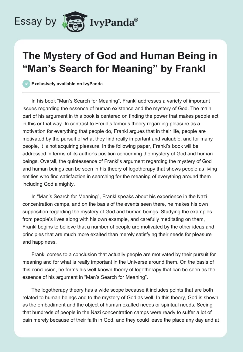 The Mystery of God and Human Being in “Man’s Search for Meaning” by Frankl. Page 1