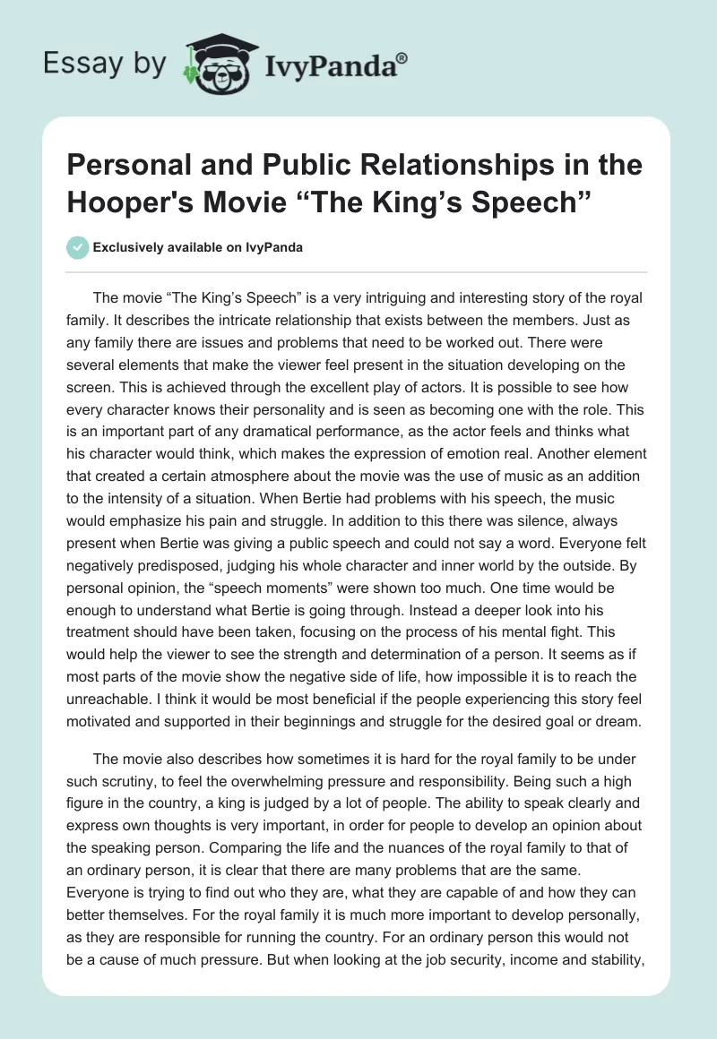 Personal and Public Relationships in the Hooper's Movie “The King’s Speech”. Page 1