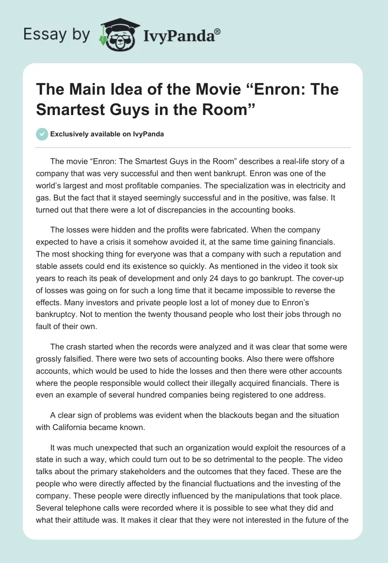 The Main Idea of the Movie “Enron: The Smartest Guys in the Room”. Page 1