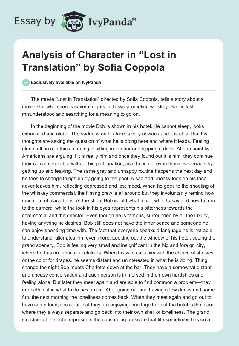 Analysis of Character in “Lost in Translation” by Sofia Coppola. Page 1