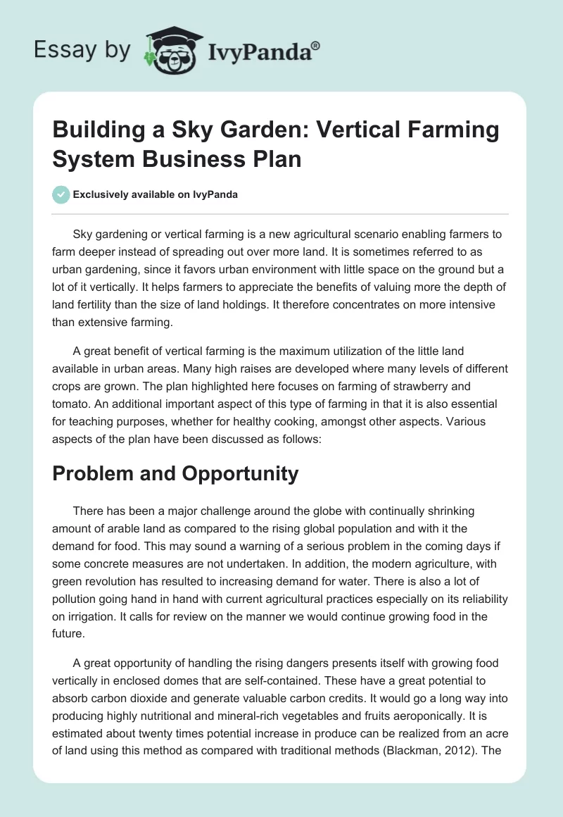 Building a Sky Garden: Vertical Farming System Business Plan. Page 1