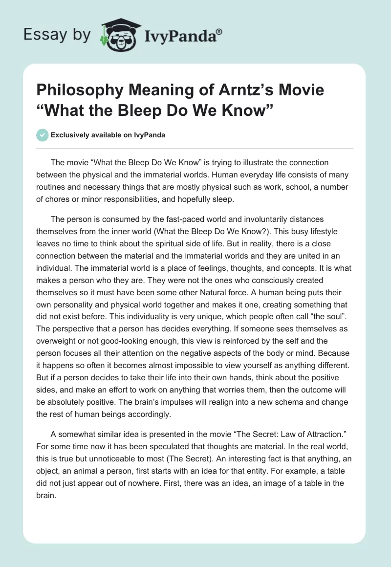 Philosophy Meaning of Arntz’s Movie “What the Bleep Do We Know”. Page 1