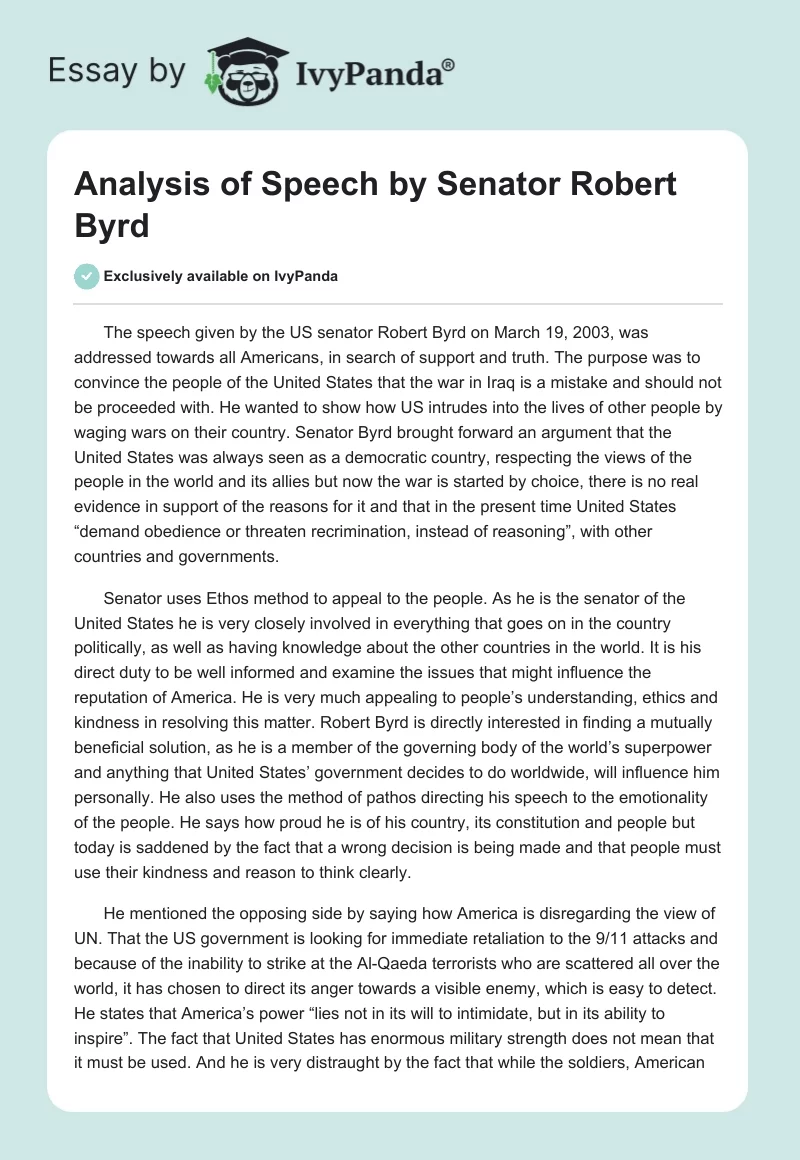 Analysis of Speech by Senator Robert Byrd. Page 1