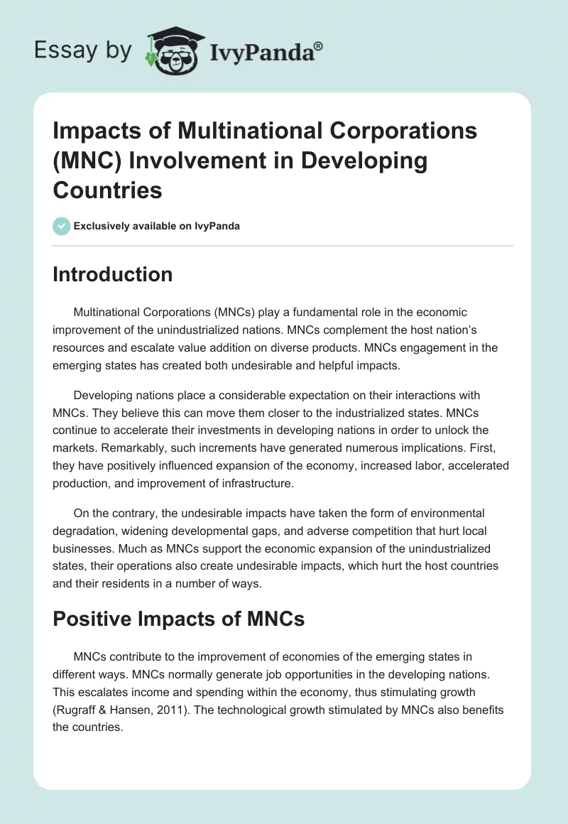 Impacts of Multinational Corporations (MNC) Involvement in Developing Countries. Page 1