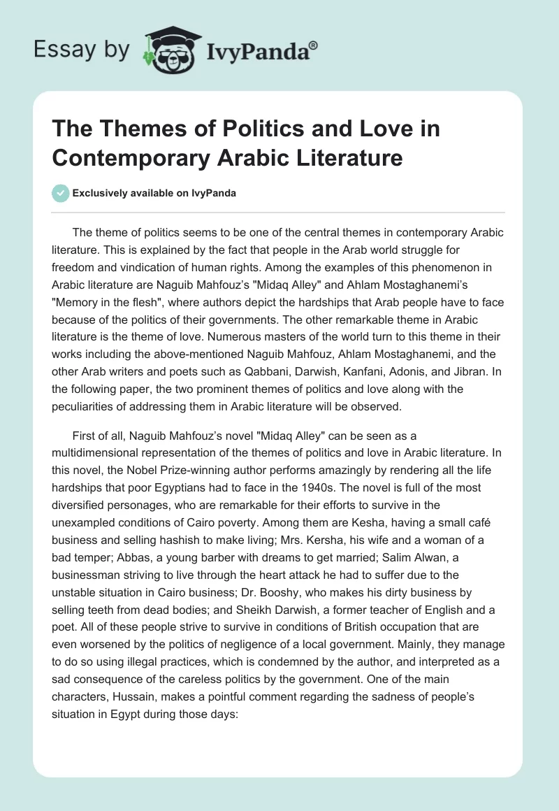 The Themes of Politics and Love in Contemporary Arabic Literature. Page 1