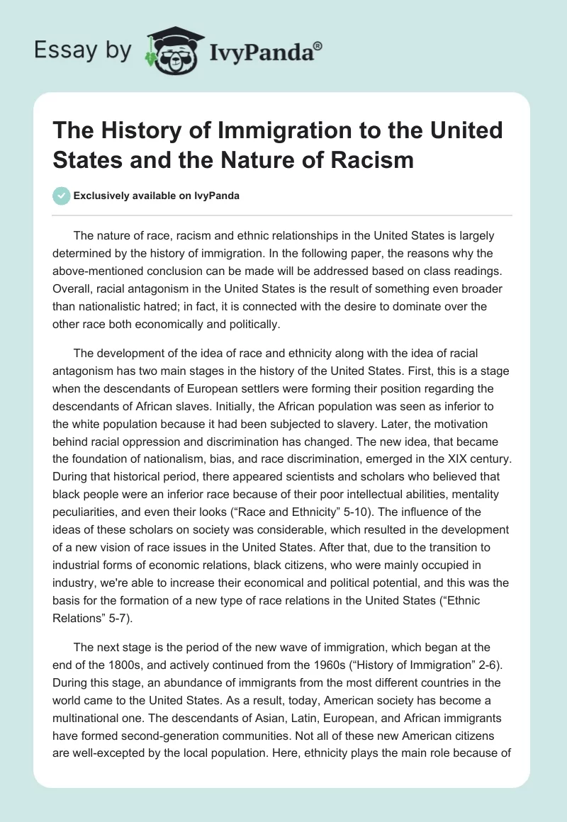 The History of Immigration to the United States and the Nature of Racism. Page 1