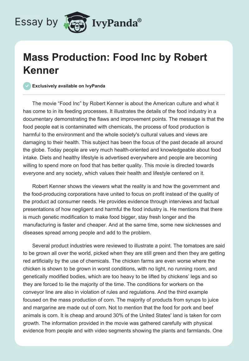 Mass Production: "Food Inc" by Robert Kenner. Page 1