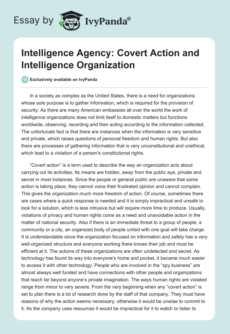 Intelligence Agency: Covert Action and Intelligence Organization. Page 1