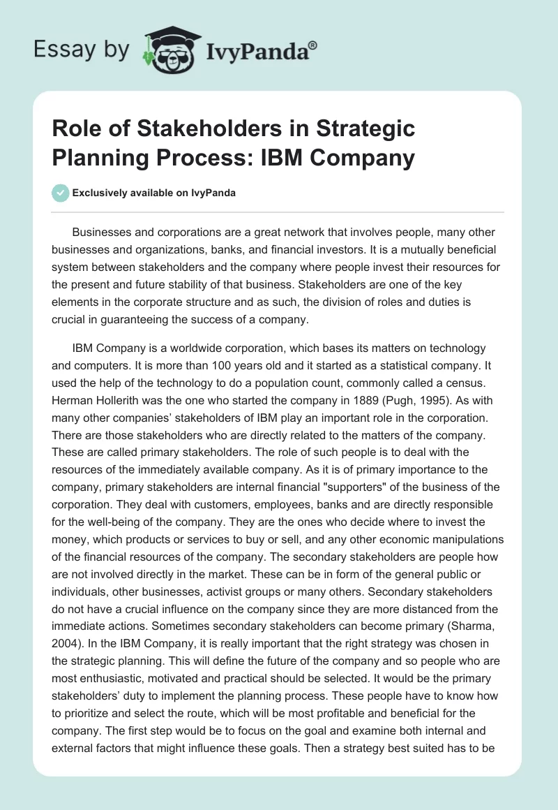 Role of Stakeholders in Strategic Planning Process: IBM Company. Page 1