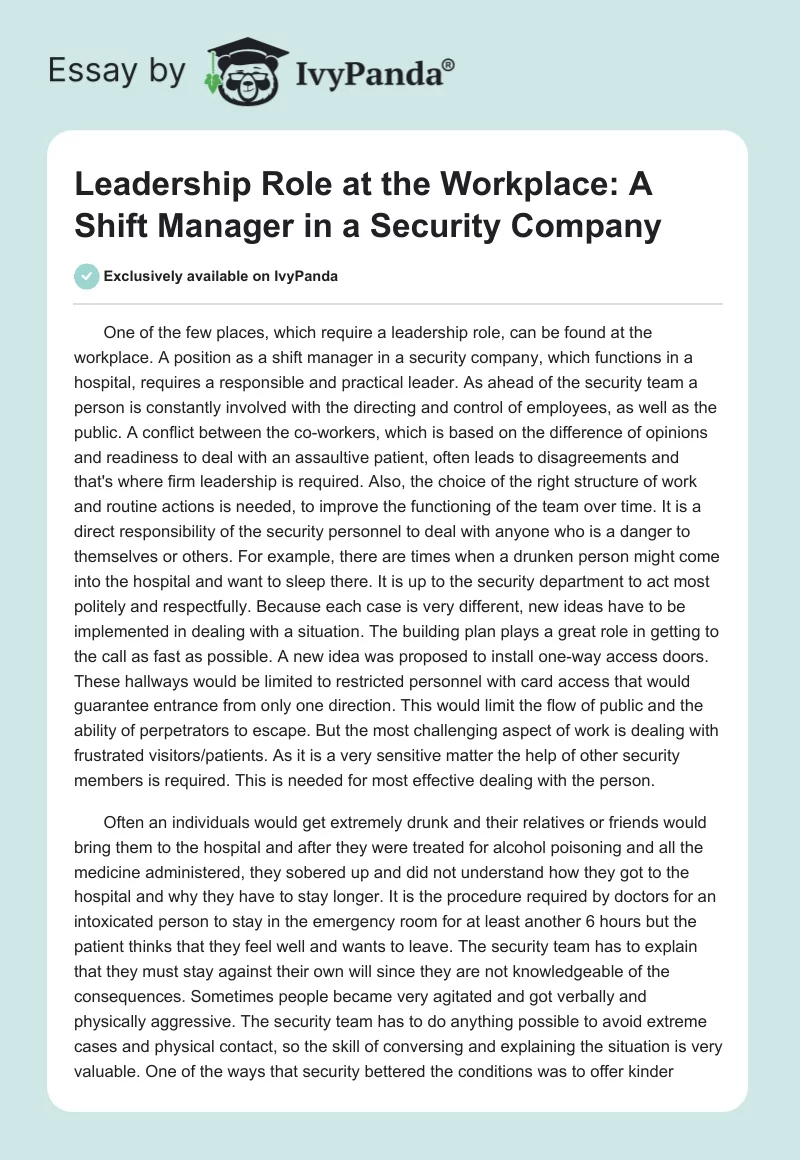 Leadership Role at the Workplace: A Shift Manager in a Security Company. Page 1