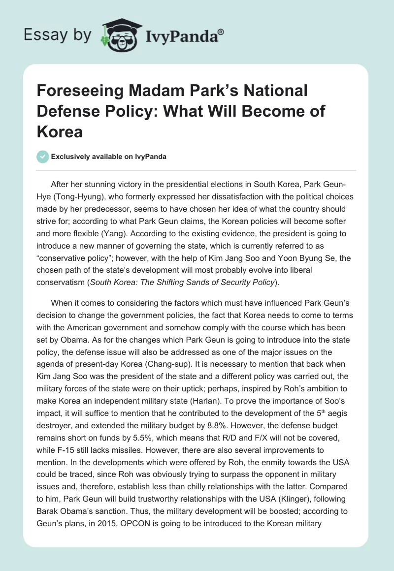 Foreseeing Madam Park’s National Defense Policy: What Will Become of Korea. Page 1