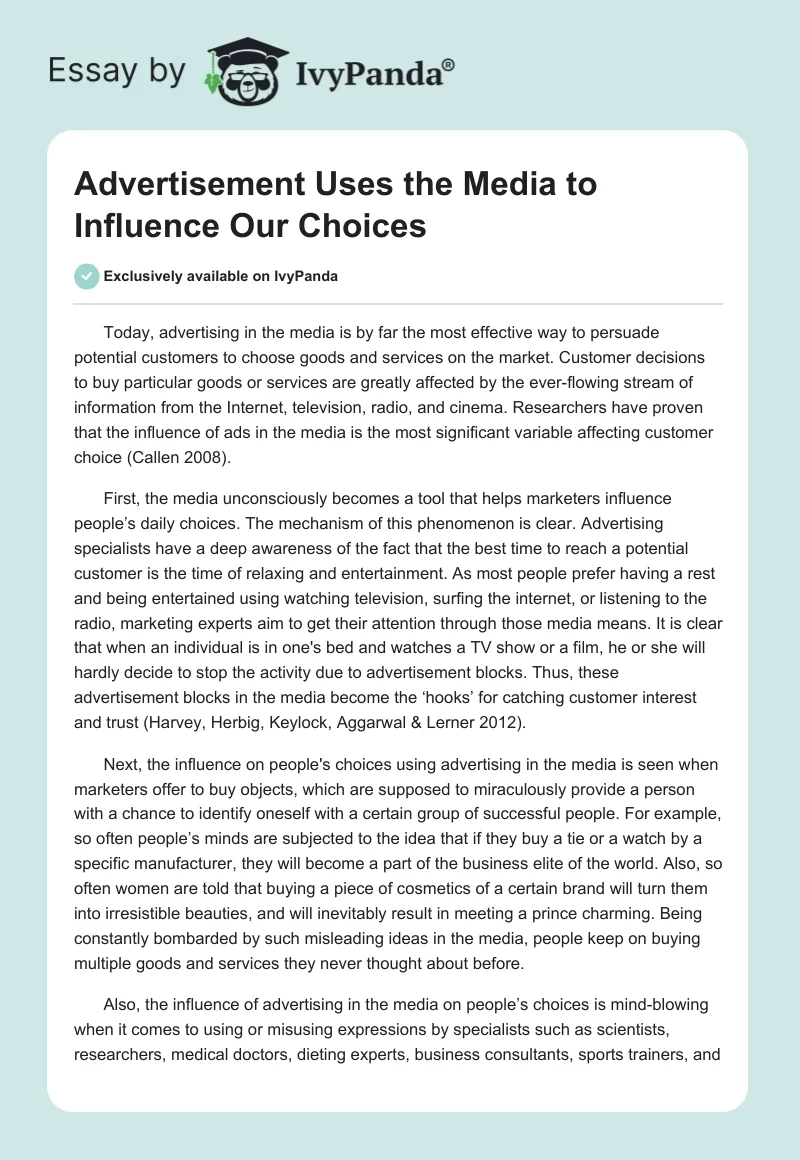 Advertisement Uses the Media to Influence Our Choices. Page 1