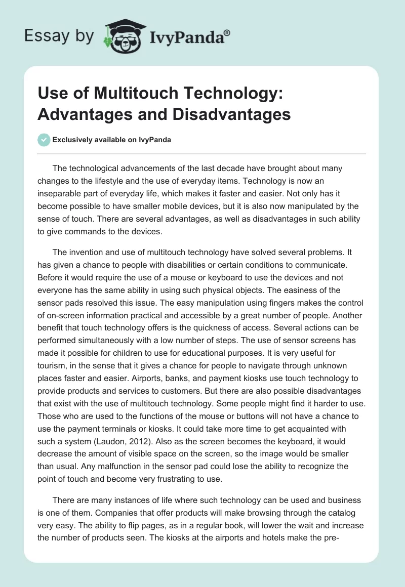 Use of Multitouch Technology: Advantages and Disadvantages. Page 1