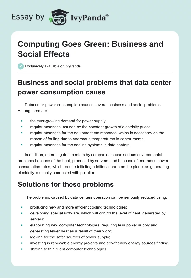 Computing Goes Green: Business and Social Effects. Page 1