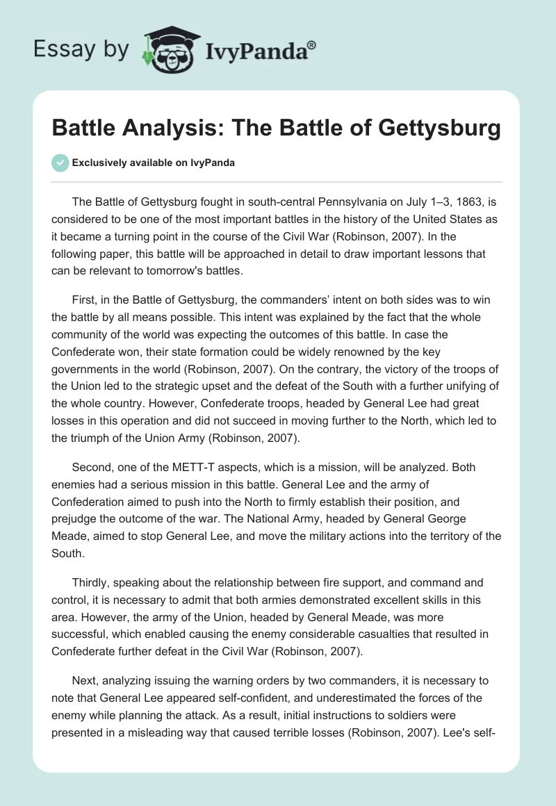 Battle Analysis: The Battle of Gettysburg. Page 1