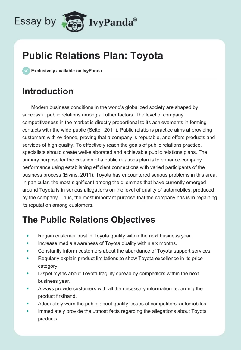 Public Relations Plan: Toyota. Page 1