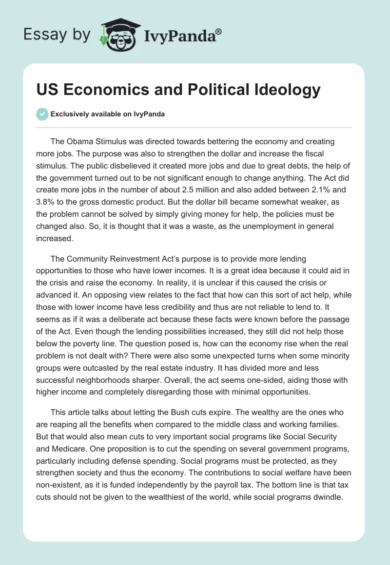 US Economics and Political Ideology. Page 1