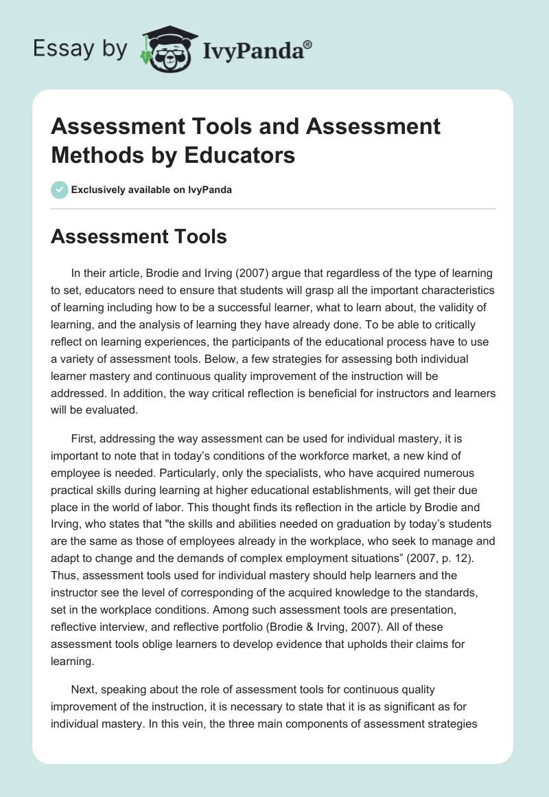 Assessment Tools and Assessment Methods by Educators. Page 1