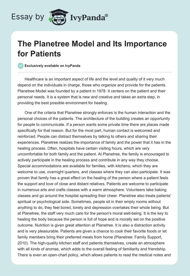 The Planetree Model and Its Importance for Patients. Page 1