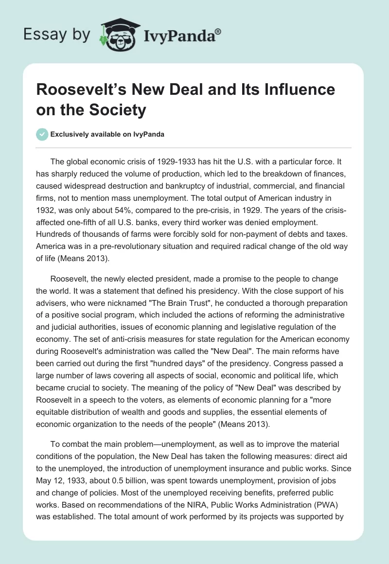 Roosevelt’s New Deal and Its Influence on the Society. Page 1