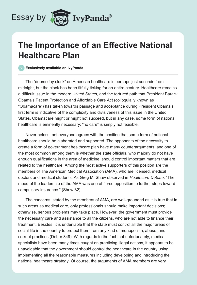 The Importance of an Effective National Healthcare Plan. Page 1