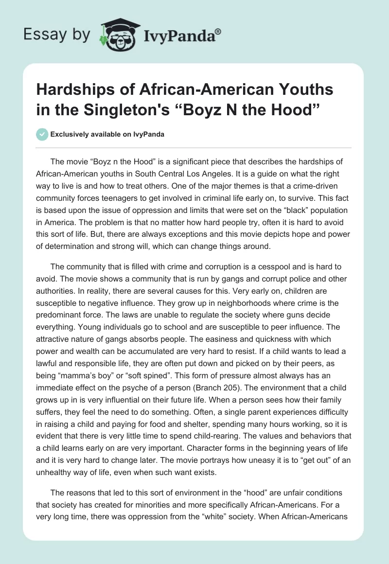 Hardships of African-American Youths in the Singleton's “Boyz N the Hood”. Page 1