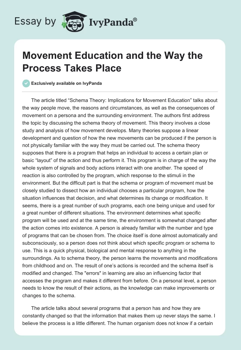 Movement Education and the Way the Process Takes Place. Page 1