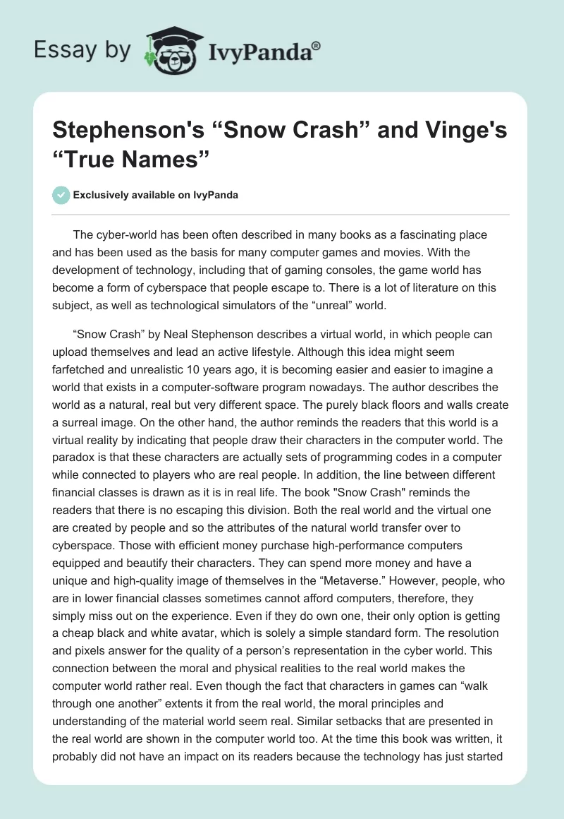 Stephenson's “Snow Crash” and Vinge's “True Names”. Page 1
