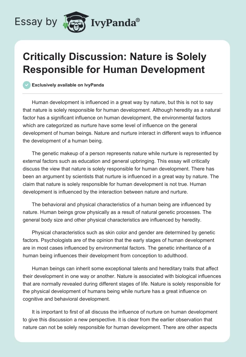 Critically Discussion: Nature is Solely Responsible for Human Development. Page 1