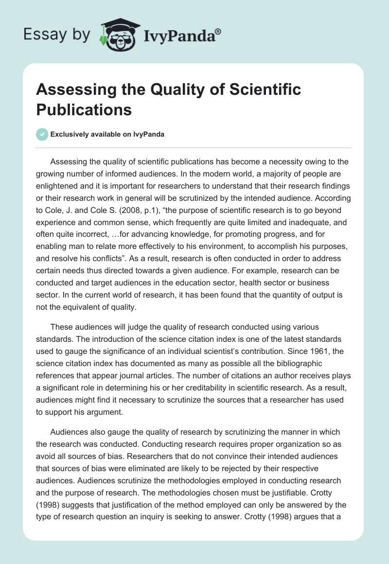 Assessing the Quality of Scientific Publications. Page 1